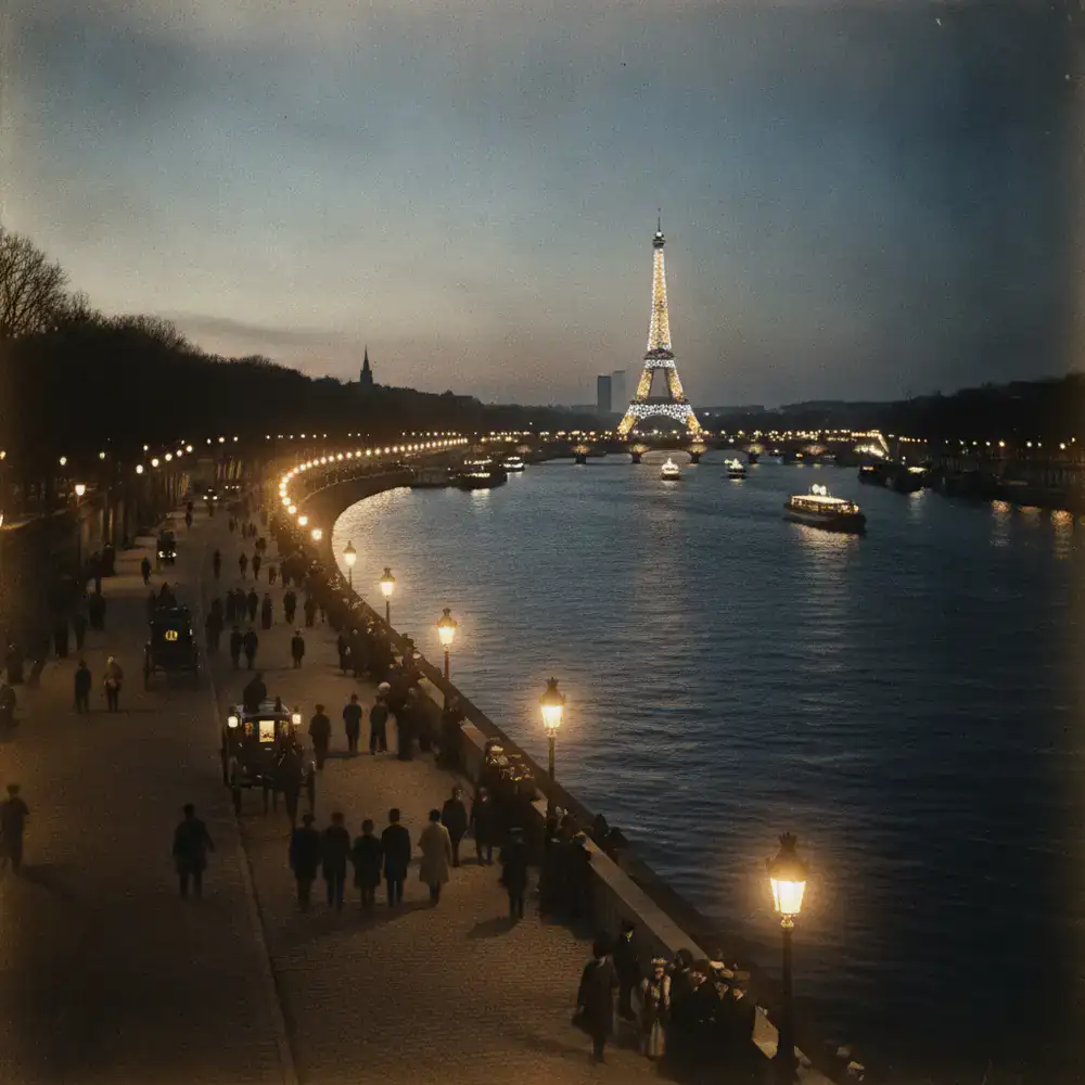 Archival view of the first Lumière de Paris festival along the Seine