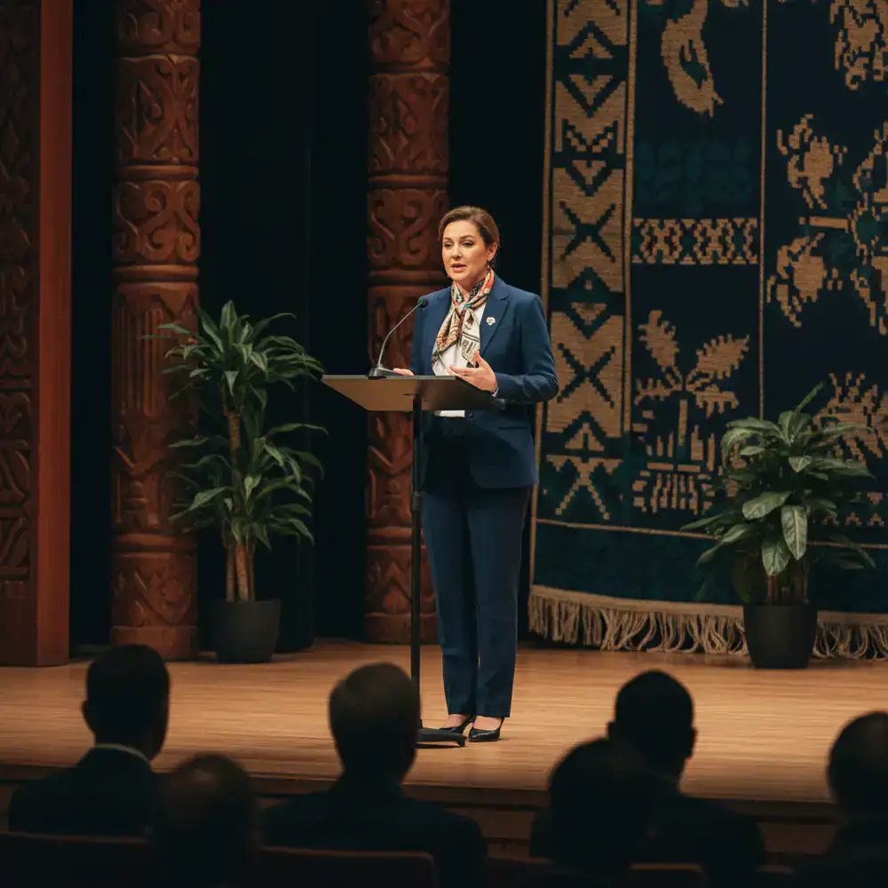 Guest speaker on a culturally decorated stage
