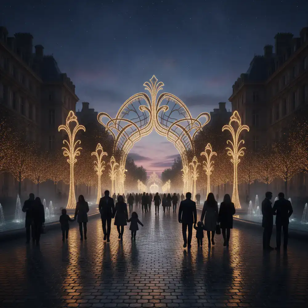 Lumière de Paris festival entrance at dusk