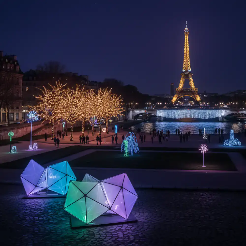 Art installations glowing in the Parisian night