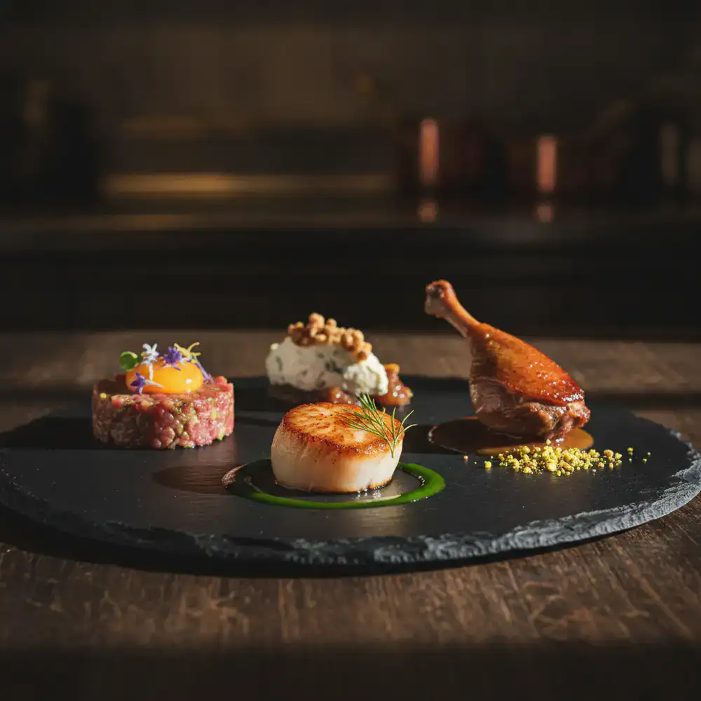 Exquisite gourmet tasting plate prepared by a Parisian chef