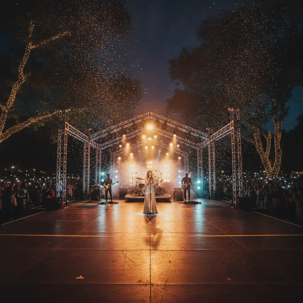 Illuminated stage during an evening festival performance