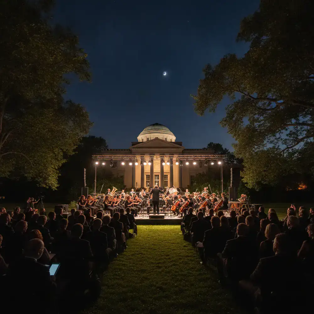 Full orchestra playing for a seated outdoor audience