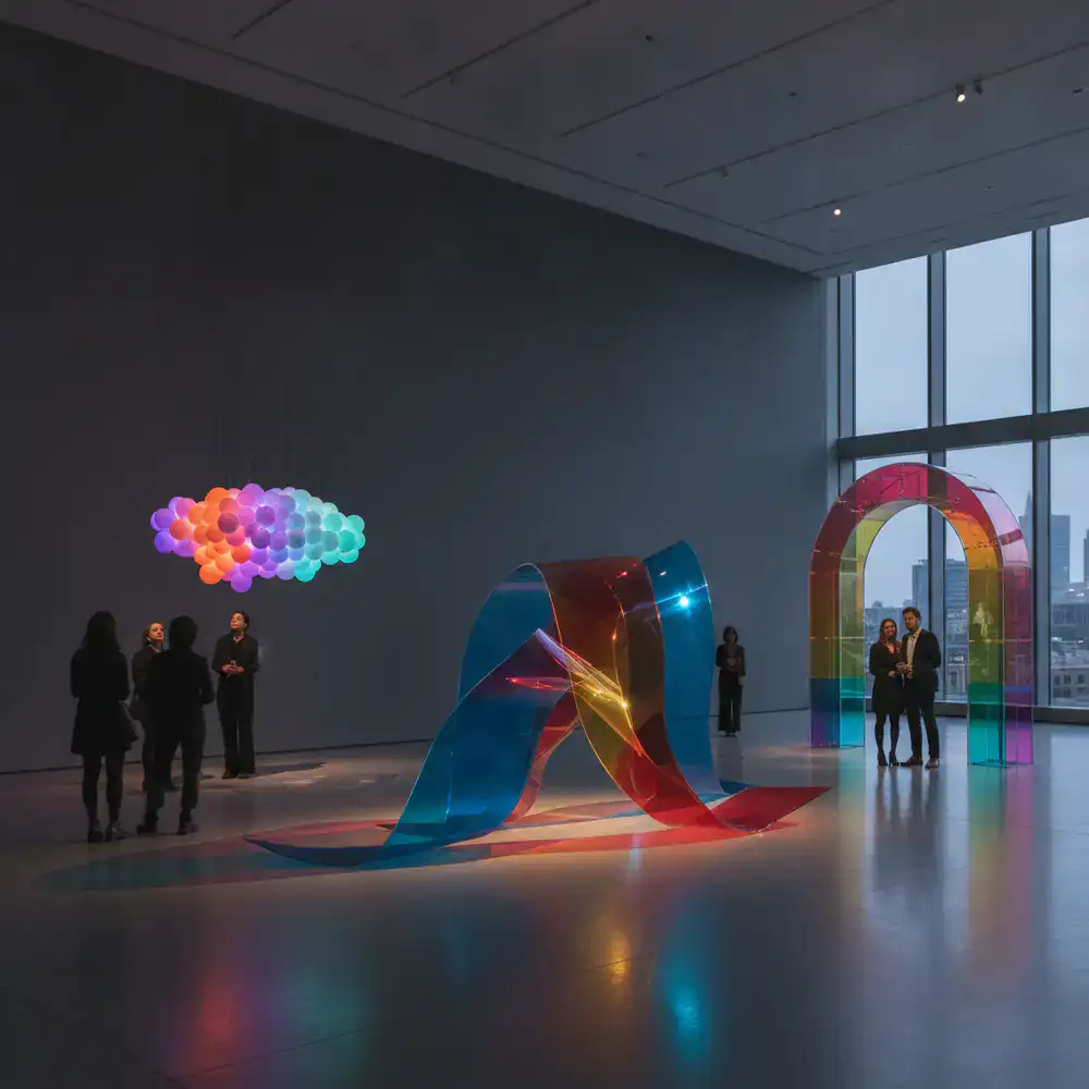 Visitors exploring a modern art gallery with colorful installations