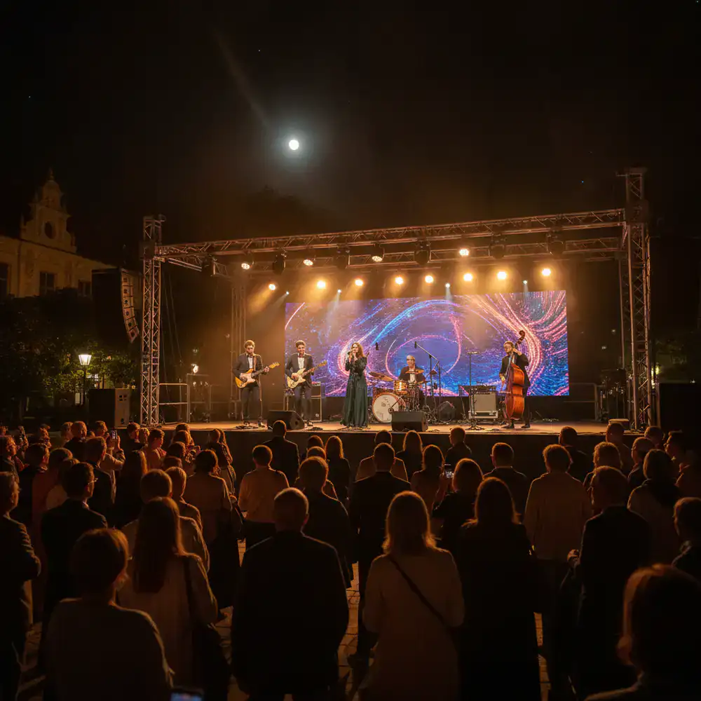 Musicians performing on an illuminated outdoor stage