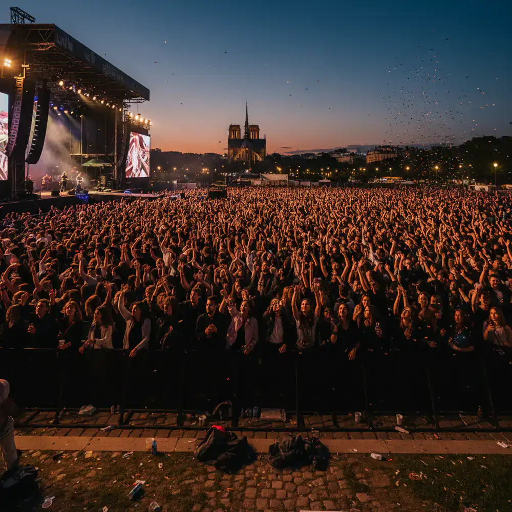 Crowd enjoying an open-air concert in Paris at dusk